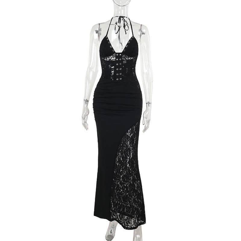 Lace v neck halter self tie ruched maxi dress  | Festival Outfits Women