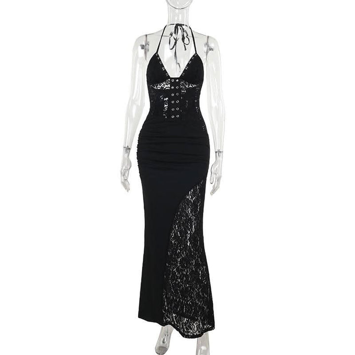 Lace v neck halter self tie ruched maxi dress  | Festival Outfits Women
