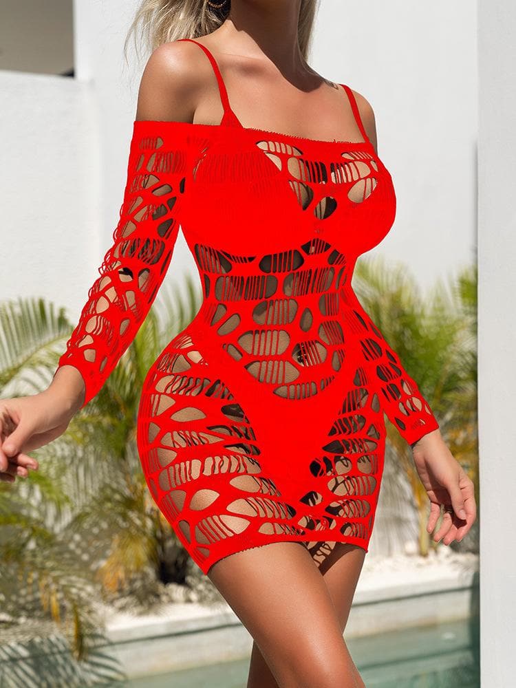 Long sleeve off shoulder net hollow out cut out mini dress  | Festival Outfits Women