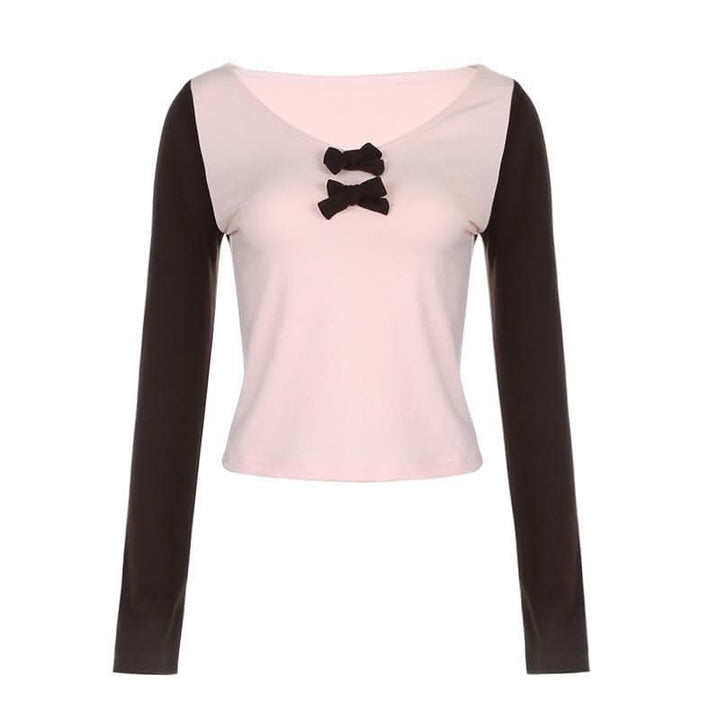 Bowknot contrast patchwork long sleeve v neck top-final-sale  | Festival Outfits Women