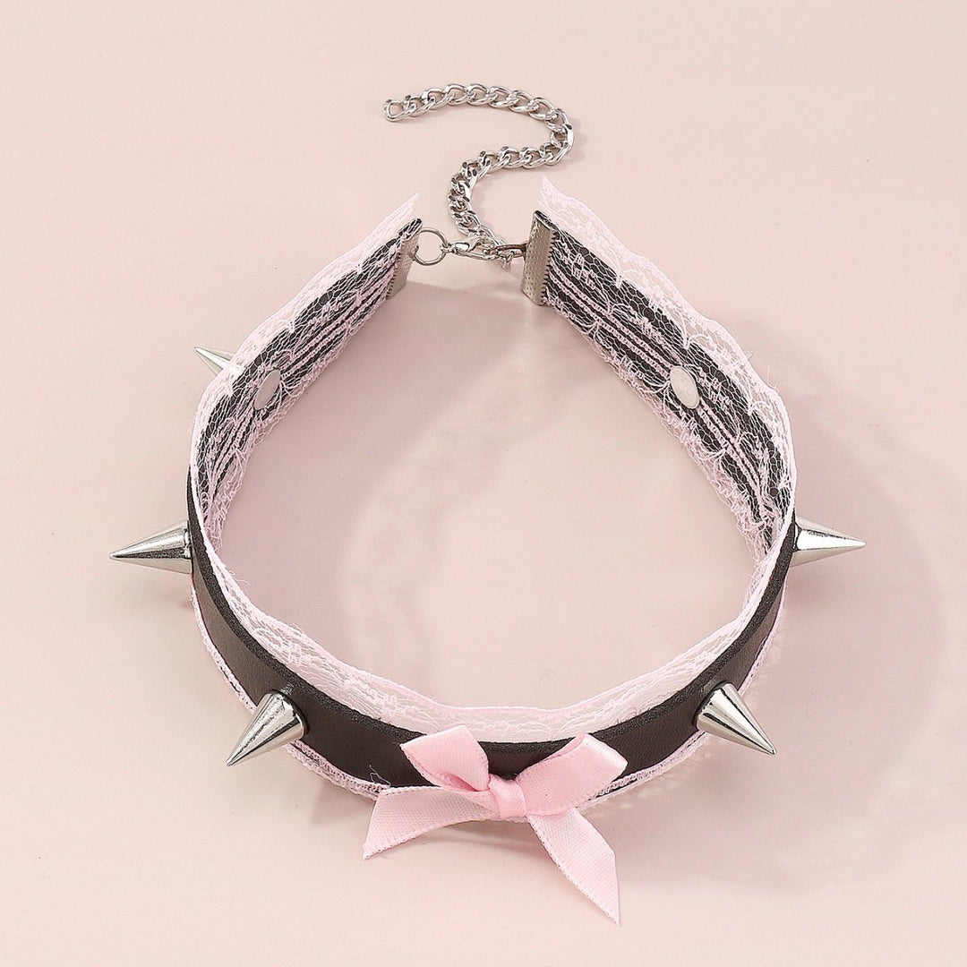 PU leather lace hem bowknot rivet decor chocker  | Festival Outfits Women