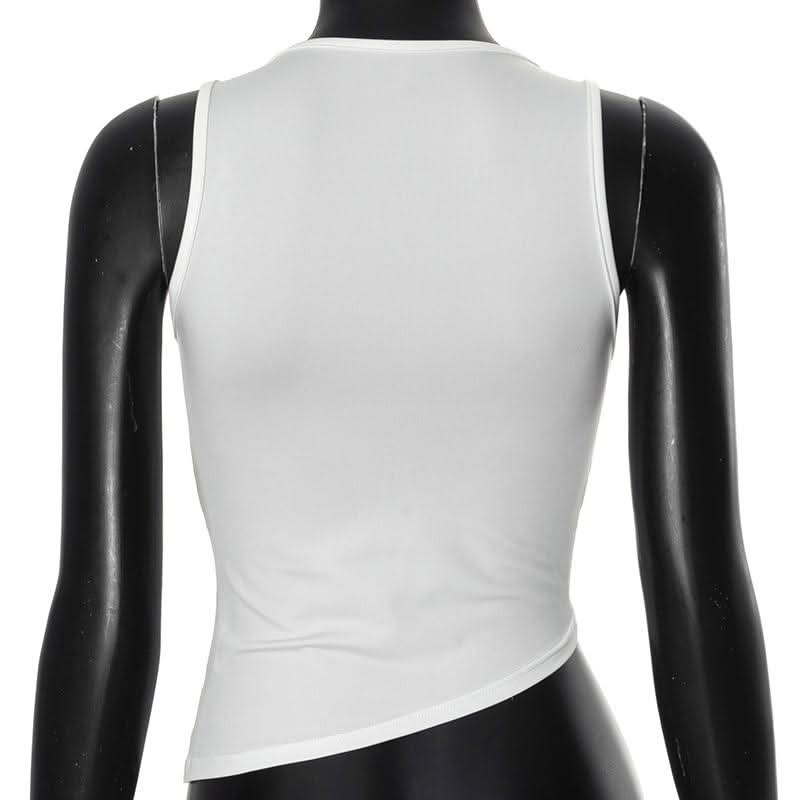 Zip-up hollow out u neck irregular solid cut out top-final-sale