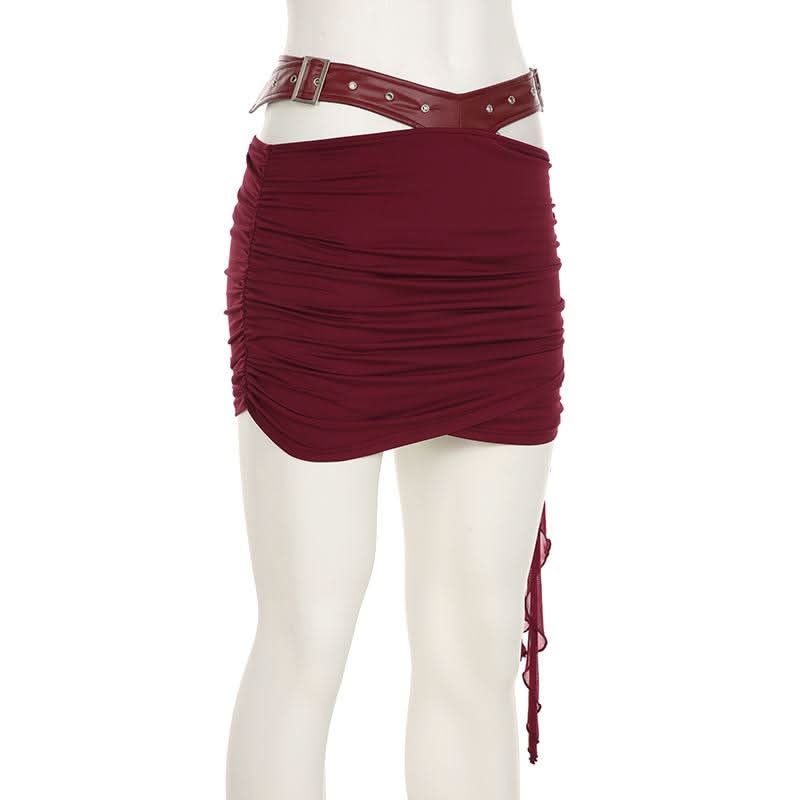 Ruched hollow out PU leather irregular cut out mini skirt Cargo Mini Skirt  | Festival Outfits Women