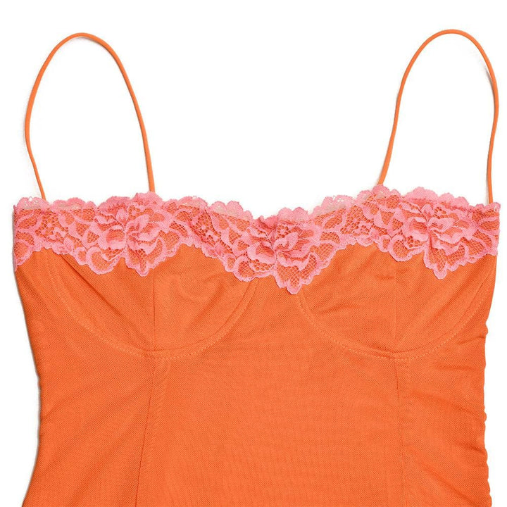 Lace hem patchwork mesh slit cami midi dress  | Festival Outfits Women