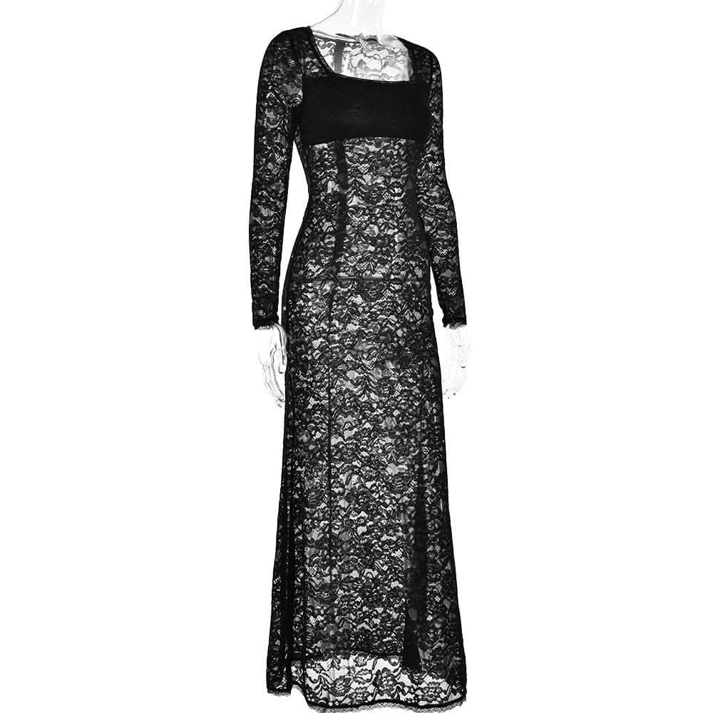 Lace see through square neck long sleeve zip-up solid maxi dress-final-sale  | Festival Outfits Women