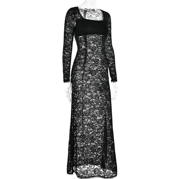 Lace see through square neck long sleeve zip-up solid maxi dress-final-sale  | Festival Outfits Women