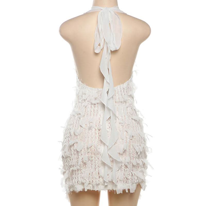Deep V neck halter self tie backless zip-up mini dress  | Festival Outfits Women