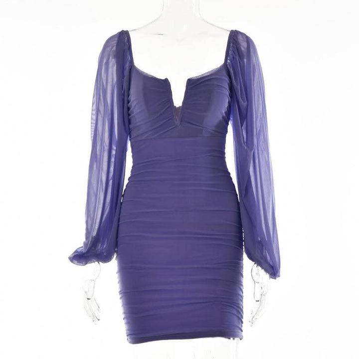 Mesh solid long sleeve ruched notch neck zip-up mini dress-final-sale  | Festival Outfits Women