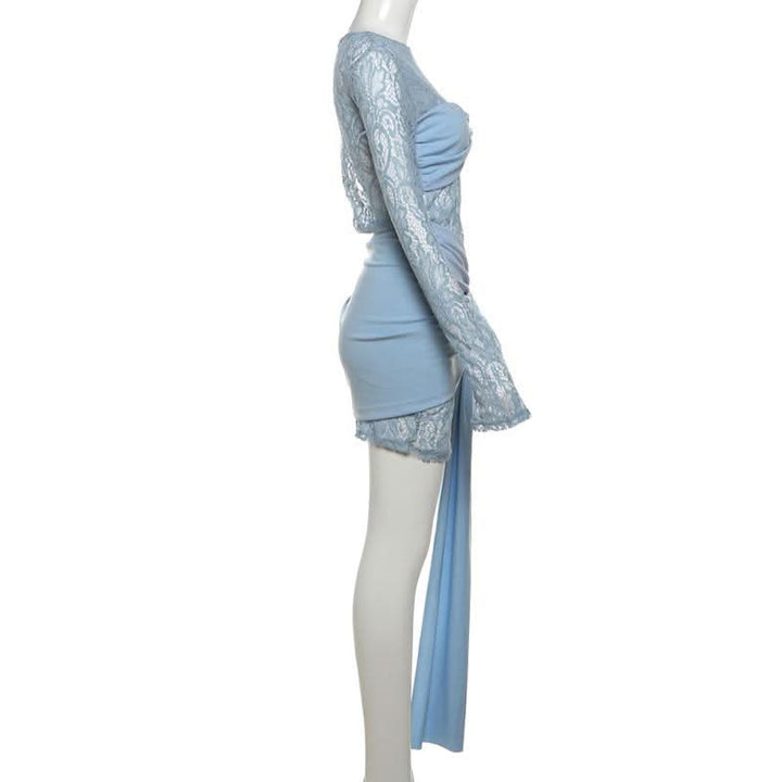 Long sleeve lace patchwork ruched mini dress  | Festival Outfits Women-final-sale