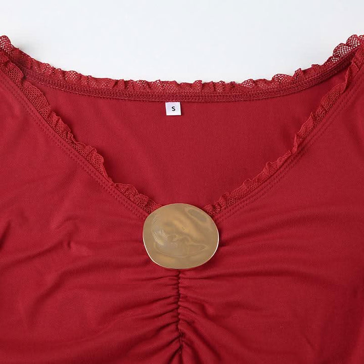 Ruched long sleeve v neck button ruffle bodysuit  | Festival Outfits Women