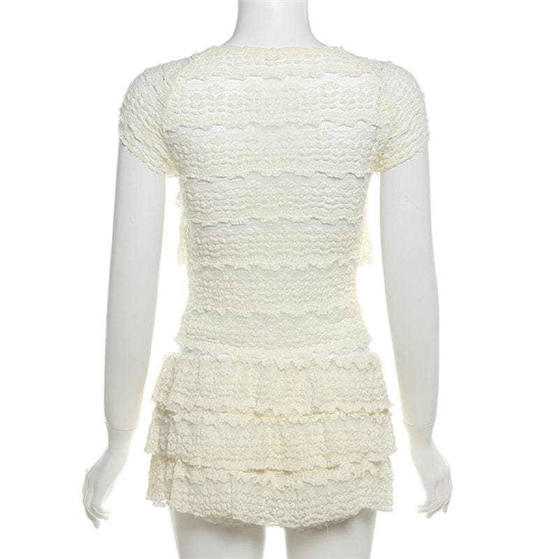 Crewneck cap sleeve textured ruched solid mini skirt set  | Festival Outfits Women