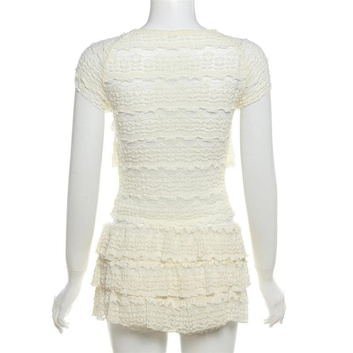 Crewneck cap sleeve textured ruched solid mini skirt set  | Festival Outfits Women