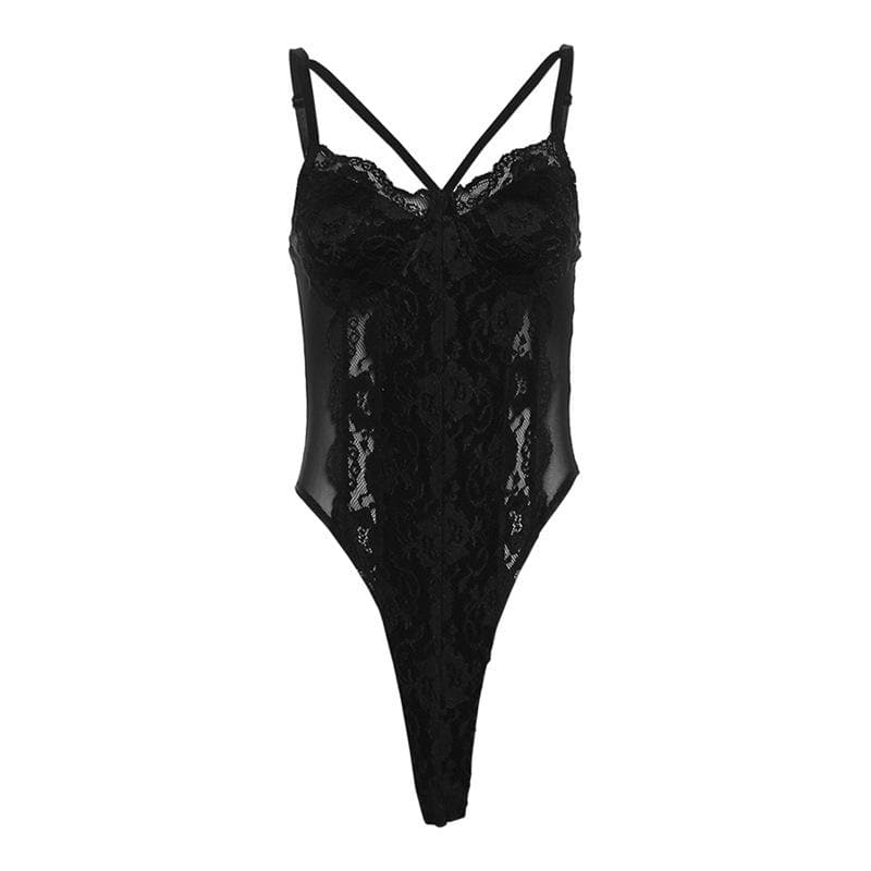 Kayan kwalliya na Patchwork v neck lace contrast bodysuit | Kayan bikin mata