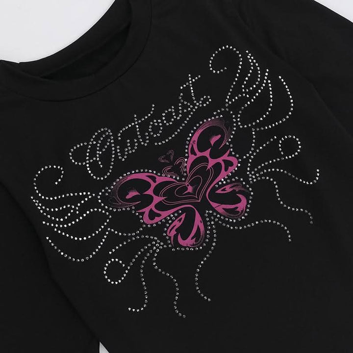 Long sleeve beaded butterfly pattern crewneck top  | Festival Outfits Women