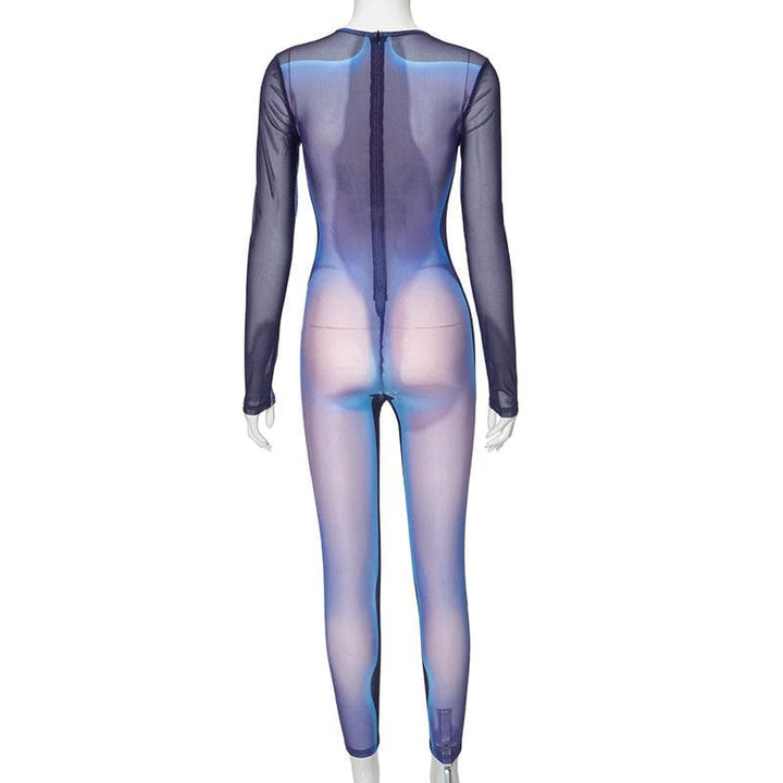 Long sleeve crewneck body print zip-up sheer mesh jumpsuit  | Festival Outfits Women