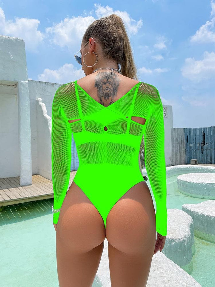 Long sleeve hollow out cross front net bodysuit  | Festival Outfits Women
