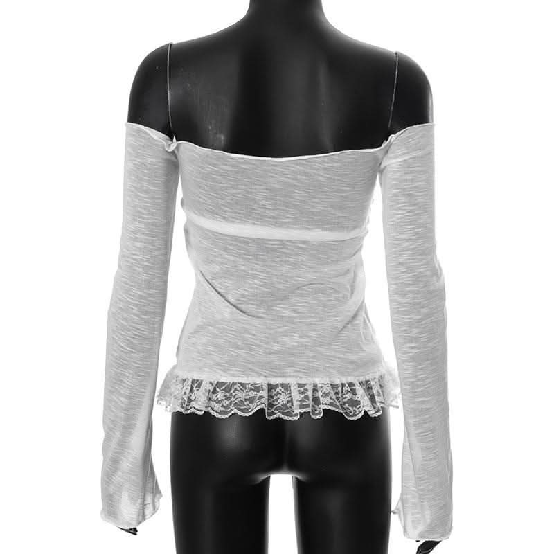 Off shoulder bowknot lace hem mesh long sleeve top-final-sale