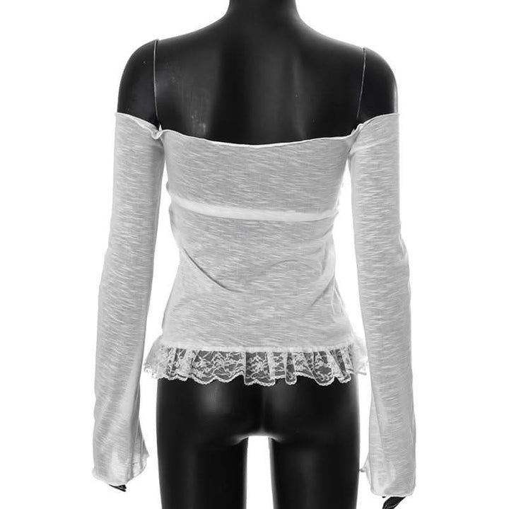 Off shoulder bowknot lace hem mesh long sleeve top-final-sale