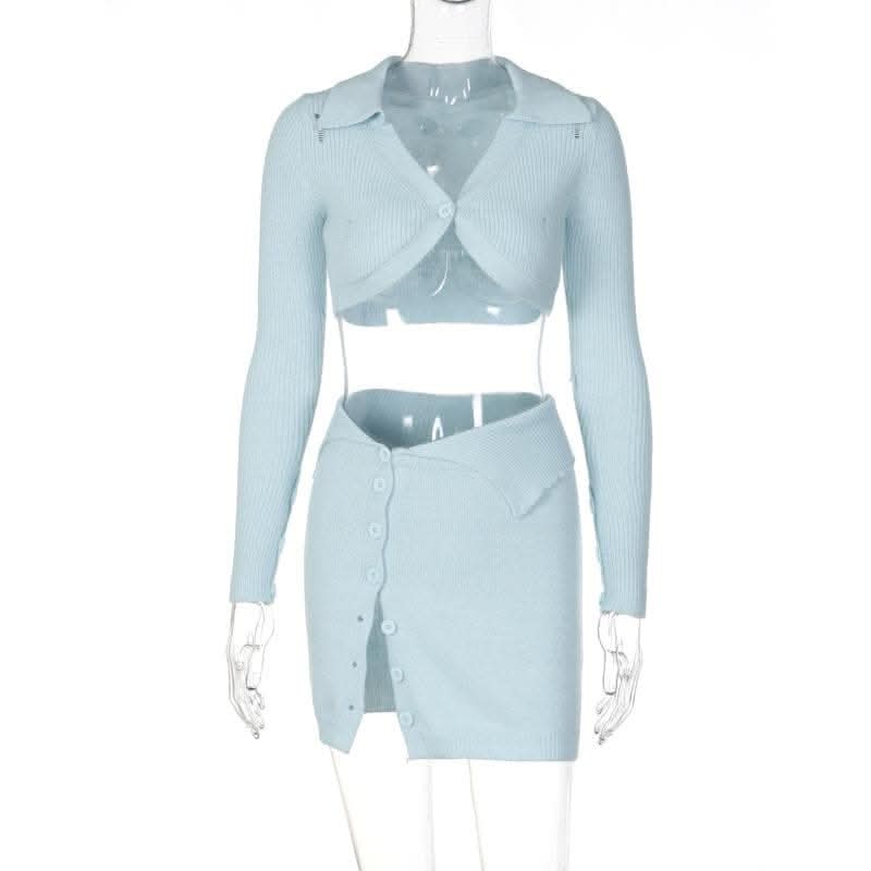 Button knitted solid long sleeve turnover collar mini skirt set-final-sale  | Festival Outfits Women