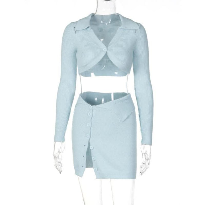 Button knitted solid long sleeve turnover collar mini skirt set-final-sale  | Festival Outfits Women