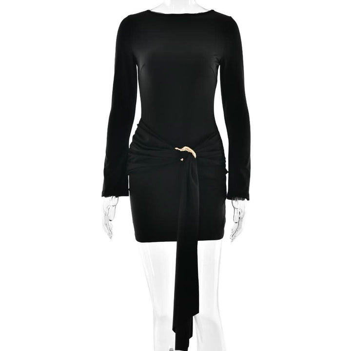 Long sleeve ruched metal applique mini dress  | Festival Outfits Women