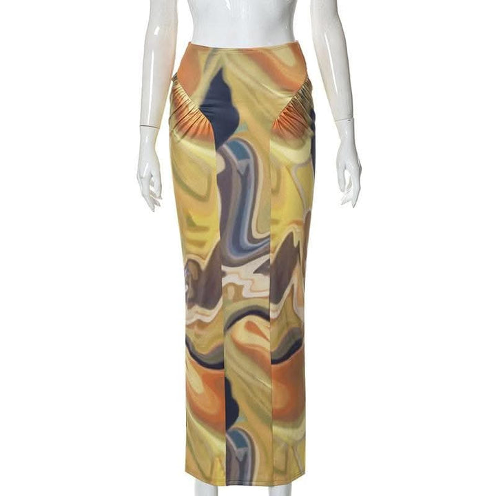 Contrast ruched abstract print midi skirt-final-sale  | Festival Outfits Women