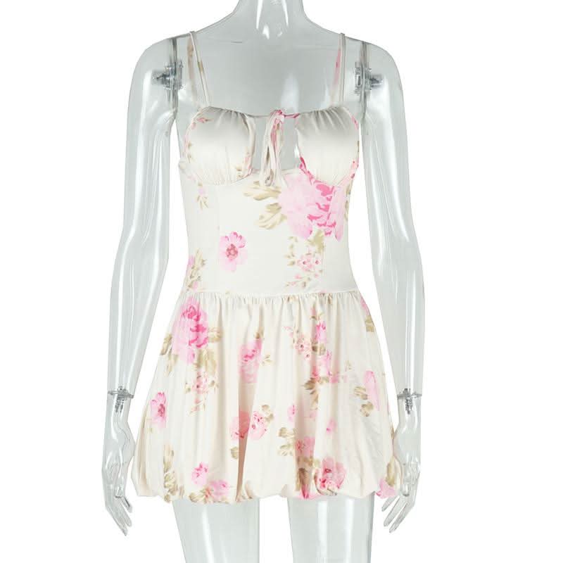 Flower print padded self tie cami mini dress  | Festival Outfits Women