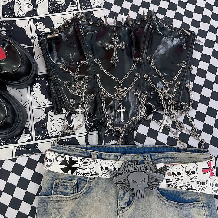 Zip-up metal chain cross applique PU leather lace up top  | Festival Outfits Women