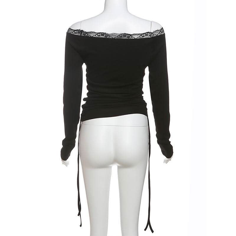 Long sleeve off shoulder lace hem print self tie top  | Festival Outfits Women