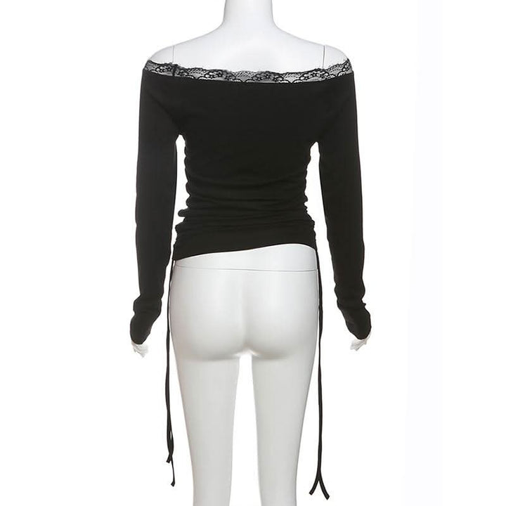 Long sleeve off shoulder lace hem print self tie top  | Festival Outfits Women