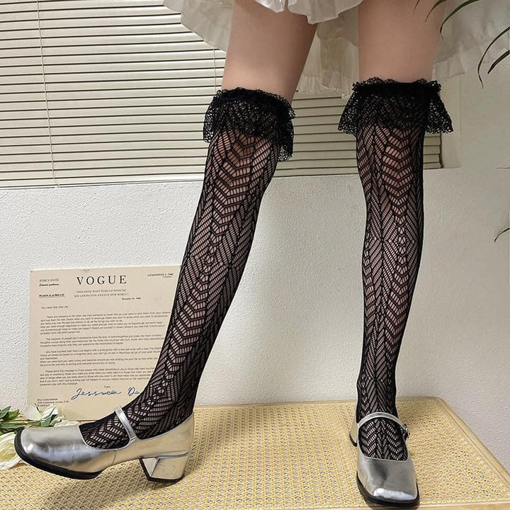 Sheer lace ruffle solid thigh high socks  | Festival Outfits Women
