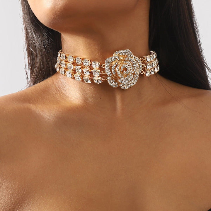 Rhinestone rose decor layered choker necklace  | Festival Outfits Women
