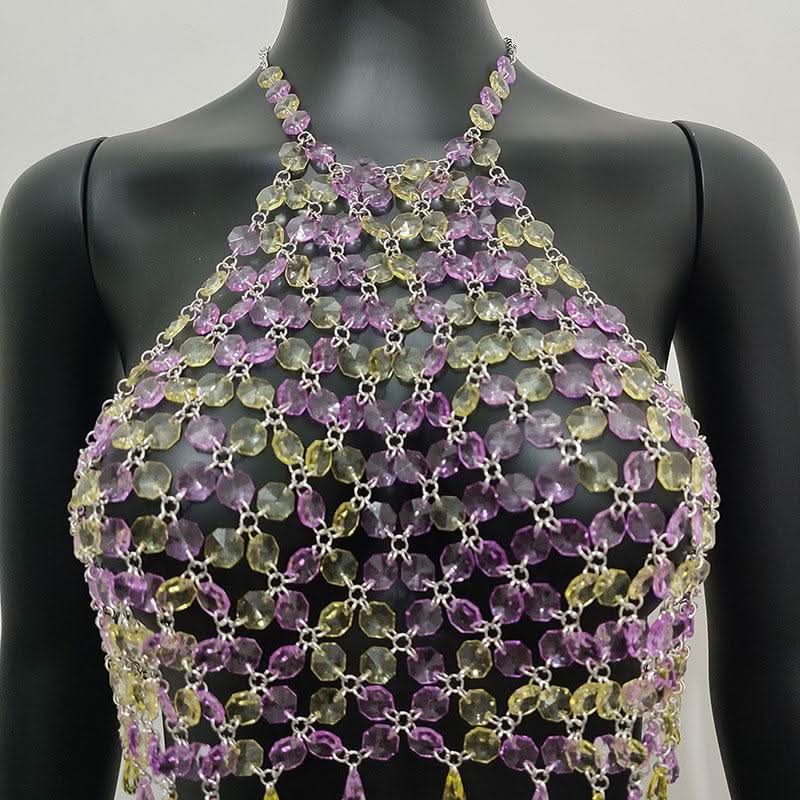 Halter hollow out crystal beaded crop cut out top  | Festival Outfits Women