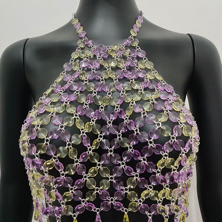 Halter hollow out crystal beaded crop cut out top  | Festival Outfits Women
