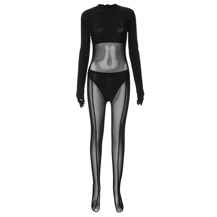 Gloves long sleeve mesh patchwork solid zip-up jumpsuit-final-sale  | Festival Outfits Women