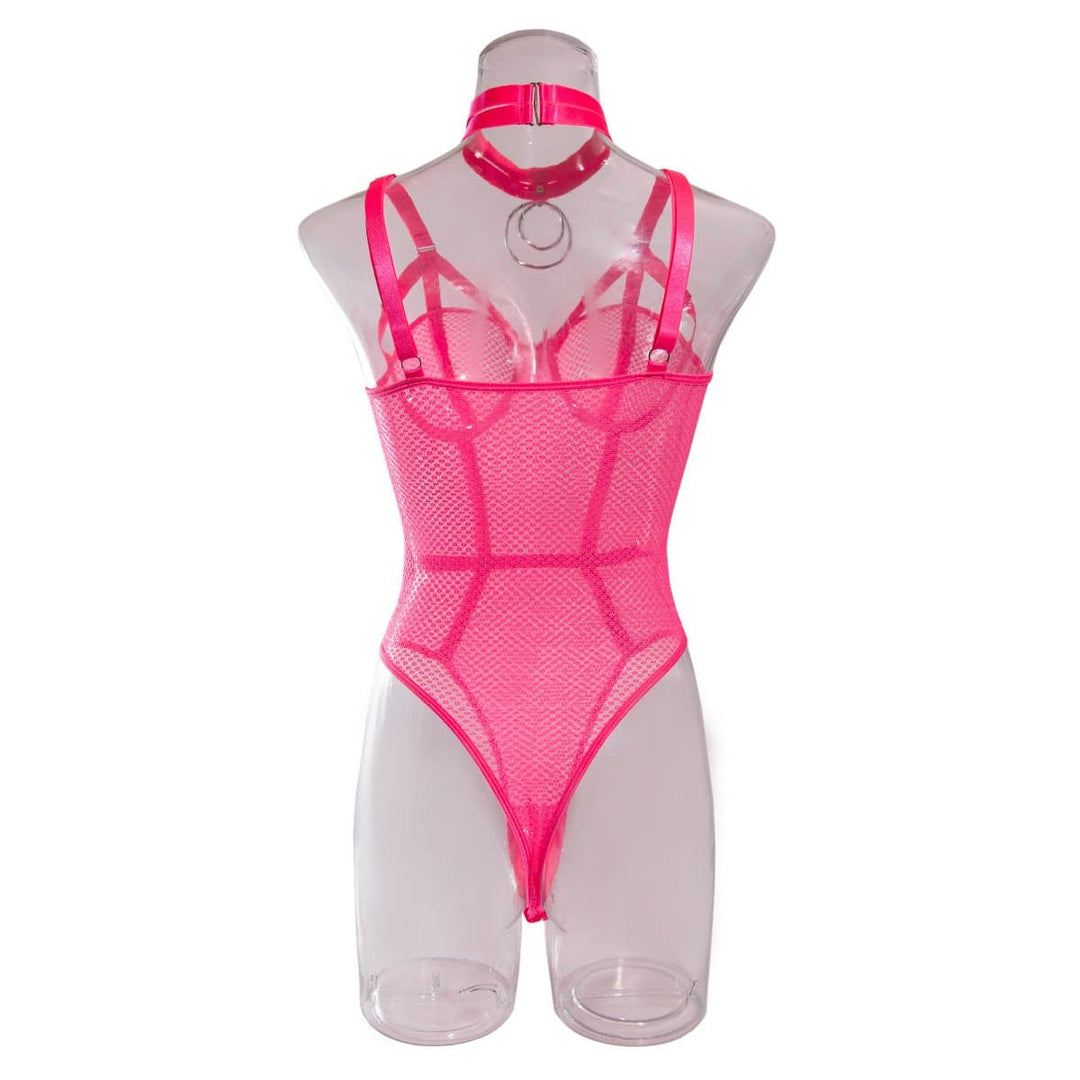 Halter strappy o ring fishnet bodysuit with choker  | Festival Outfits Women