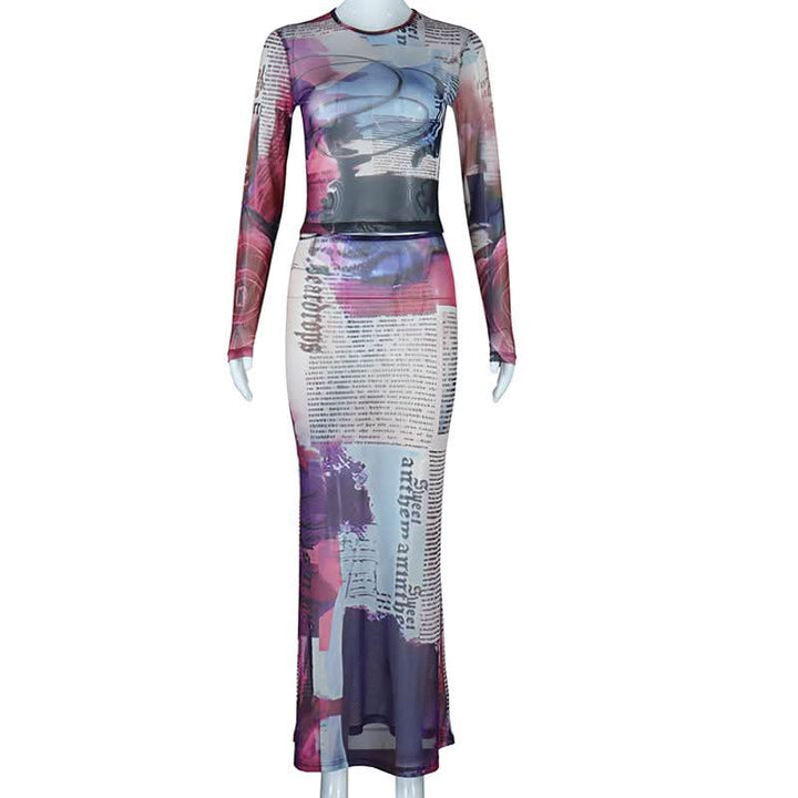 Long sleeve crewneck abstract mesh maxi skirt set  | Festival Outfits Women