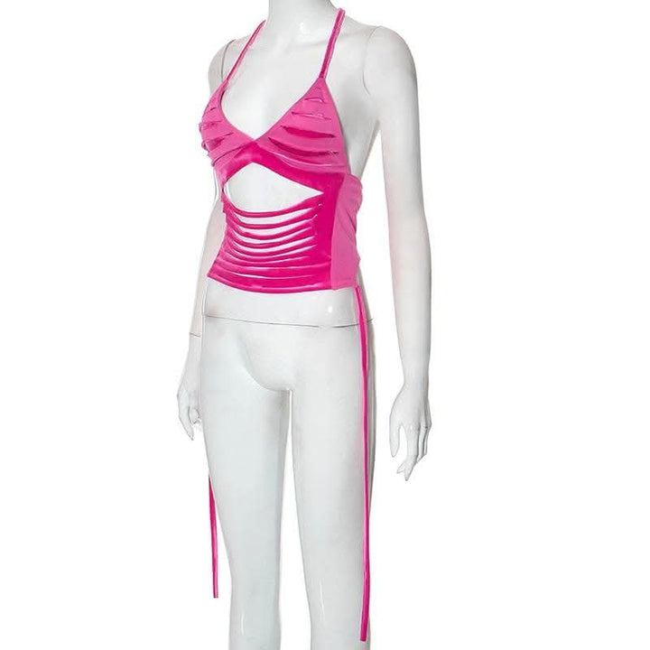 Hollow out self tie halter backless v neck crop top-final-sale  | Festival Outfits Women