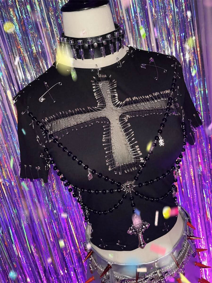 Short sleeve beaded cross pattern top  | Festival Outfits Women