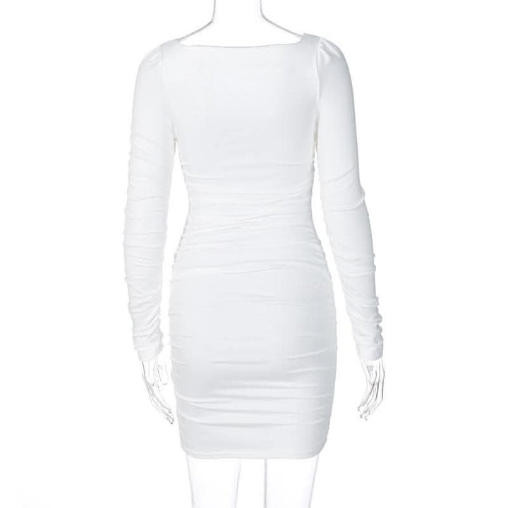 Long sleeve solid square neck ruched mini dress-final-sale  | Festival Outfits Women