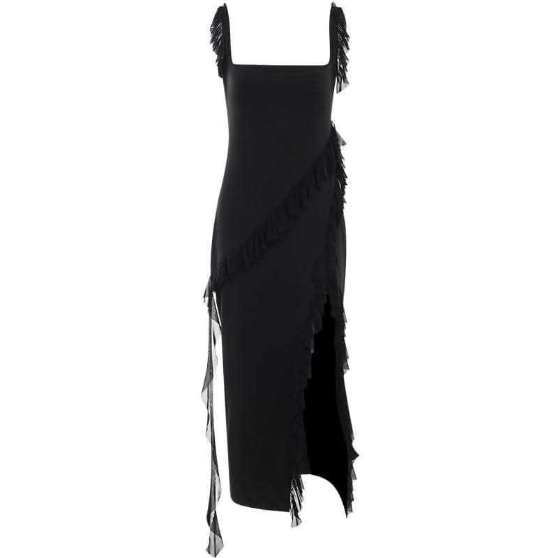 Ruffle cap sleeve slit square neck irregular solid maxi dress-final-sale  | Festival Outfits Women