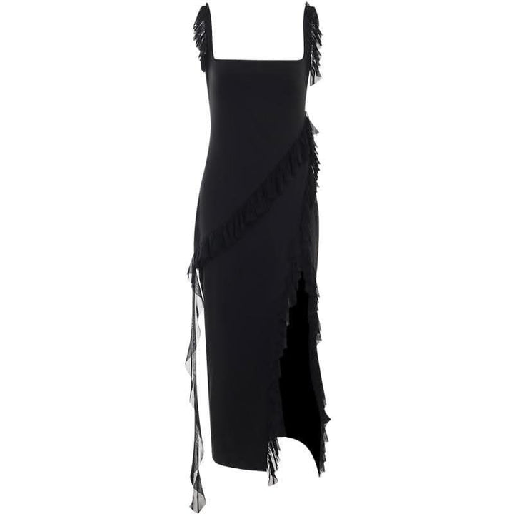 Ruffle cap sleeve slit square neck irregular solid maxi dress-final-sale  | Festival Outfits Women