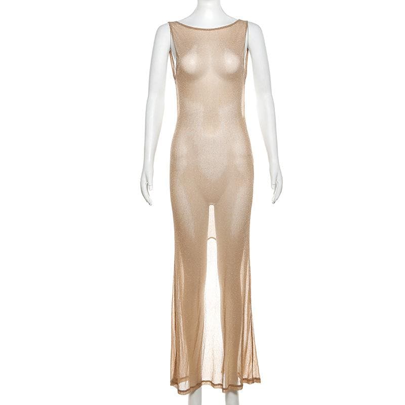 Glitter backless mesh slit maxi dress  | Festival Outfits Women