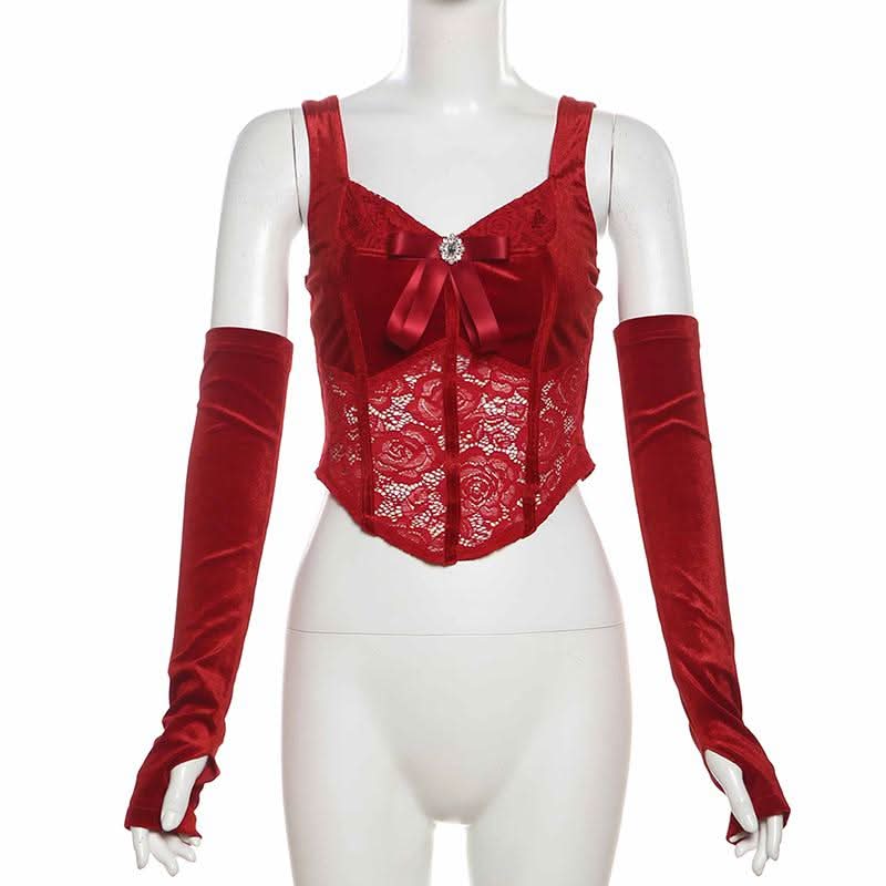 Gloves bowknot lace velvet patchwork cami top  | Festival Outfits Women
