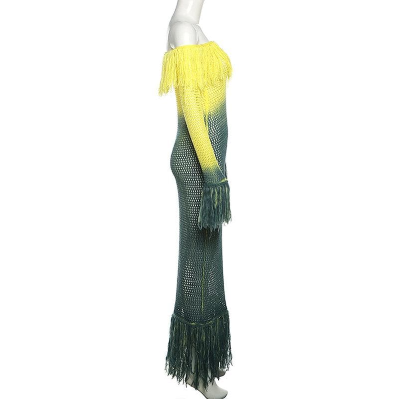 Crochet tassels off shoulder contrast long sleeve maxi dress-final-sale  | Festival Outfits Women