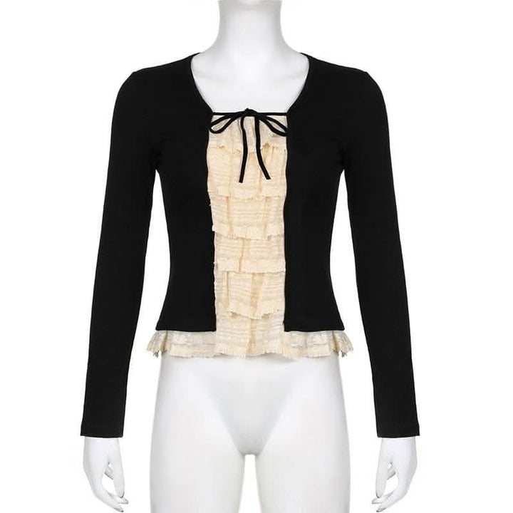 Lace patchwork contrast long sleeve self tie top-final-sale  | Festival Outfits Women