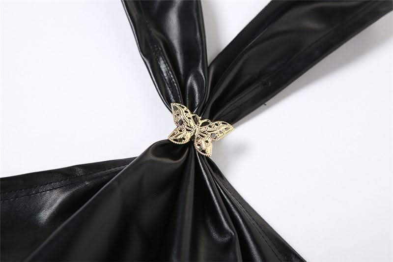 Halter PU leather button butterfly applique top  | Festival Outfits Women