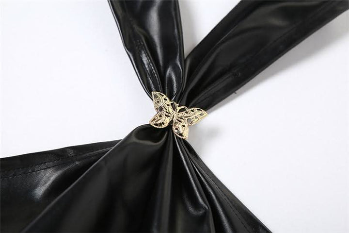 Halter PU leather button butterfly applique top  | Festival Outfits Women