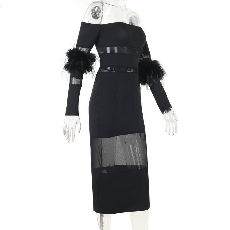 Off shoulder long sleeve fluffy mesh patchwork mini dress  | Festival Outfits Women-final-sale