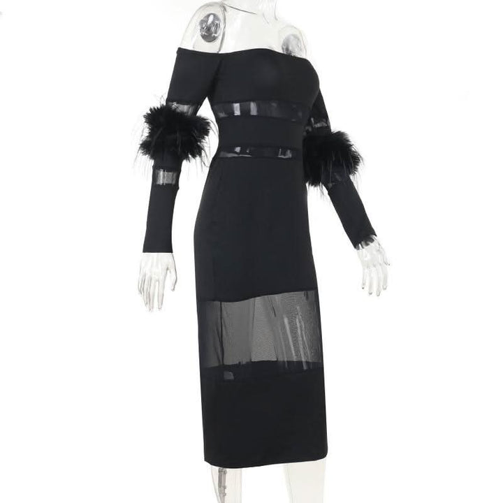 Off shoulder long sleeve fluffy mesh patchwork mini dress  | Festival Outfits Women-final-sale